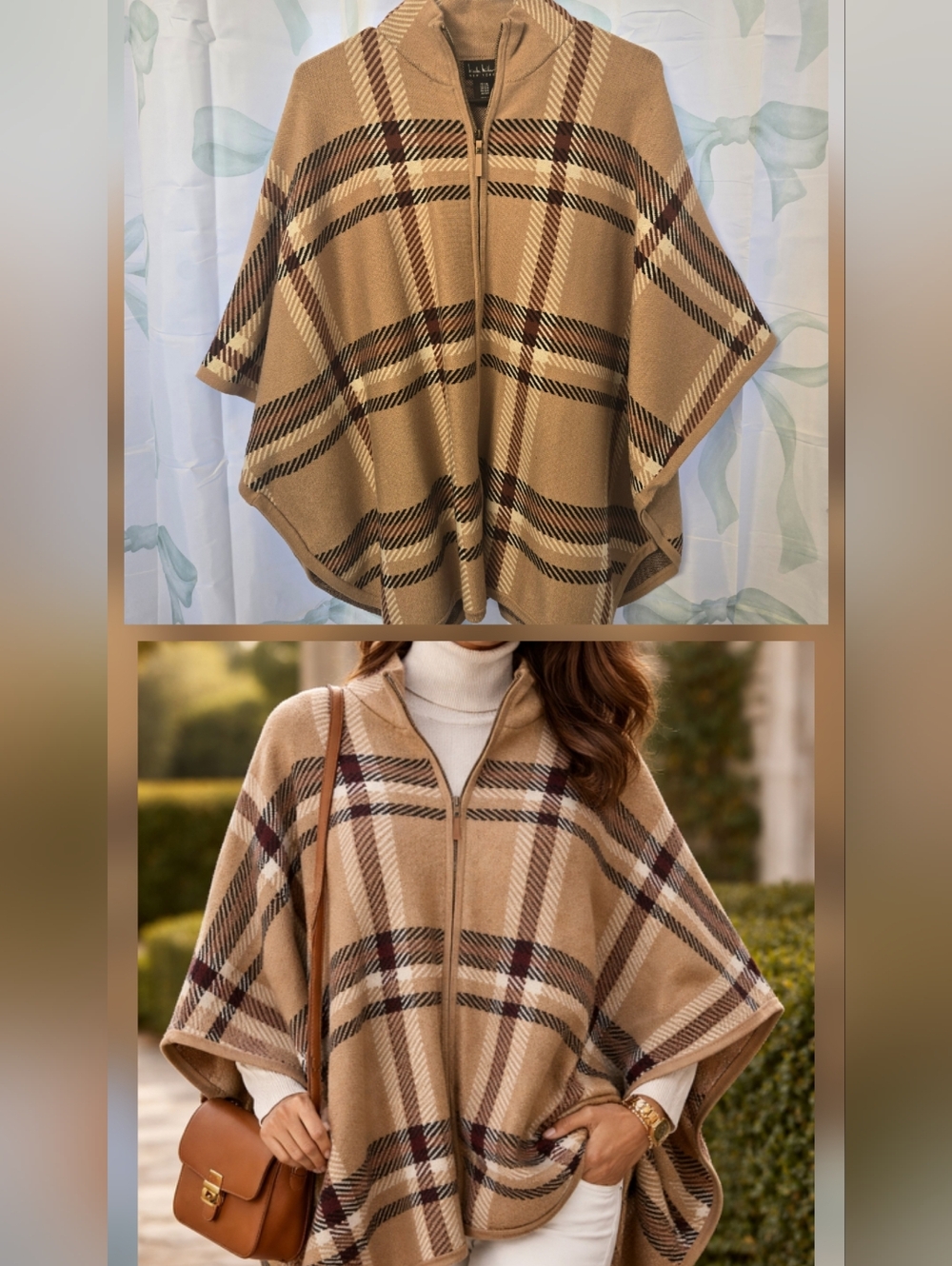 NEW Nicole Miller Poncho Sweater S/M Burberry Tan Plaid Cape Zip Up Capelet Wrap